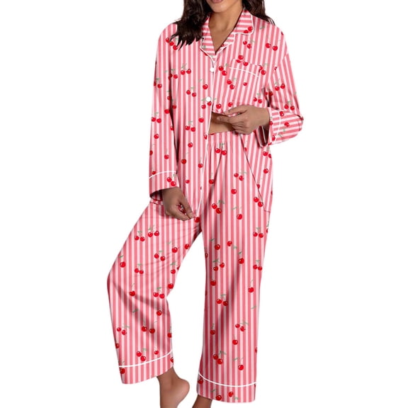 Womens Satin Pajama Set Valentines Day Pjs Long Sleeve Cherry Print Button down Loungewear Woman Pajamas