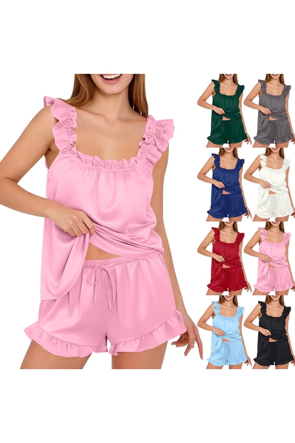 Womens Satin Pajama Sets 2 pcs Soft Ruffle Pj Silk Tank Top and Shorts Sleepwear Babydoll Bridal Pajamas Sky Blue S