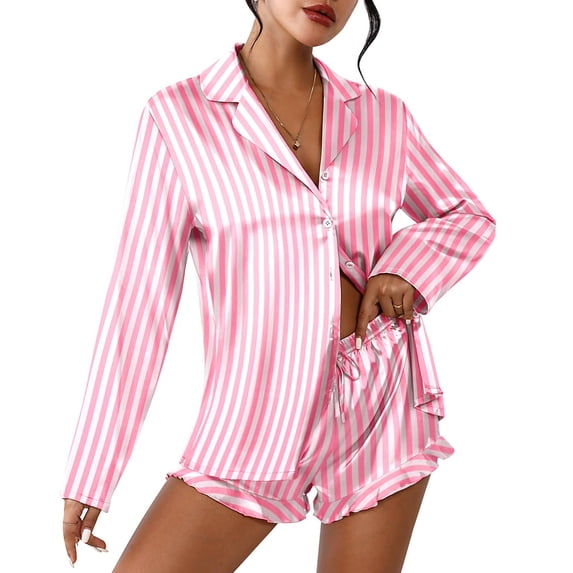 Womens Satin Pajama Sets Long Sleeve Top And Shorts Set Button Down Sleepwea