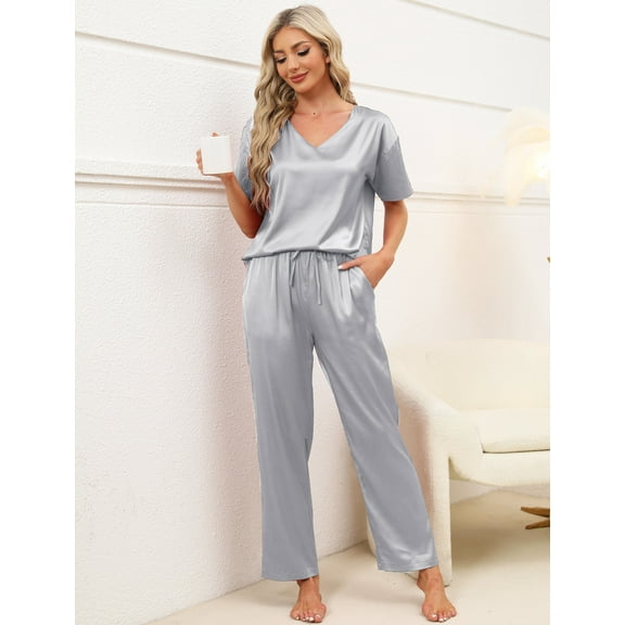Womens Satin Pajama Sets Short Sleeve Silk Pajamas with Pants V-Neck Satin Sleepwear Set for Women 2 Piece Soft Pajama Loungewear Sets for Females, S-XXL