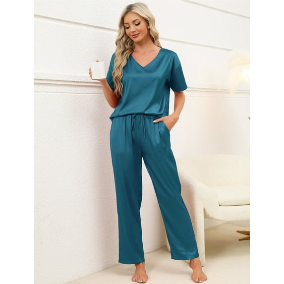 Womens Satin Pajama Sets Short Sleeve Silk Pajamas with Pants V-Neck Satin Sleepwear Set for Women 2 Piece Soft Pajama Loungewear Sets for Females, S-XXL