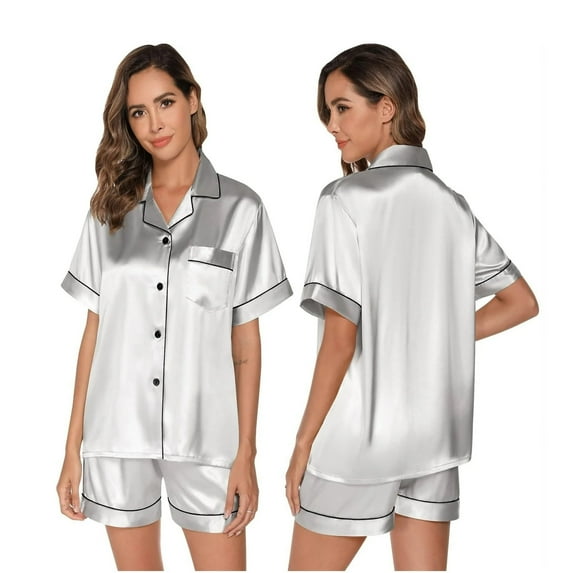 Womens Satin Pajama Sets Short Sleeve Silk Pajamas Sets for Women Button Down Sleepwear Set 2 Pieces Womens Loungewear Short Sets, S-XXL
