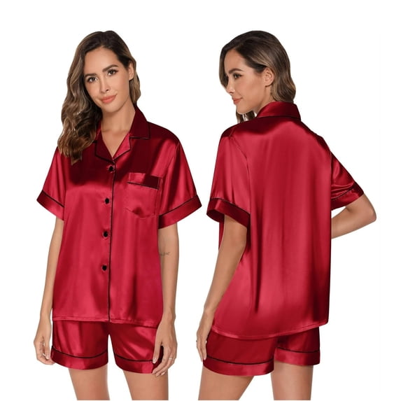 Womens Satin Pajama Sets Short Sleeve Silk Pajamas Sets for Women Button Down Sleepwear Set 2 Pieces Womens Loungewear Short Sets, S-XXL