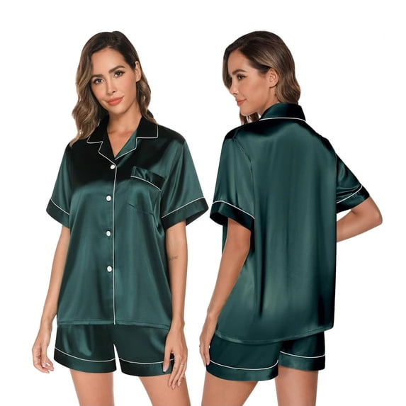Womens Satin Pajama Sets Short Sleeve Silk Pajamas Sets for Women Button Down Sleepwear Set 2 Pieces Womens Loungewear Short Sets, S-XXL