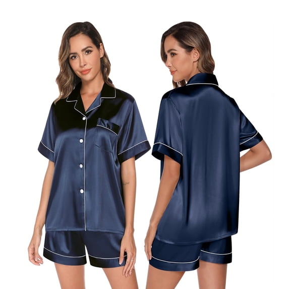 Women's Short Sleeve Satin Pajama Set - Button Down Silk Sleepwear Valentine's Day Pajamas Gift for Her 2 Piece Outfit Loungewear Set,Sizes S-XXL