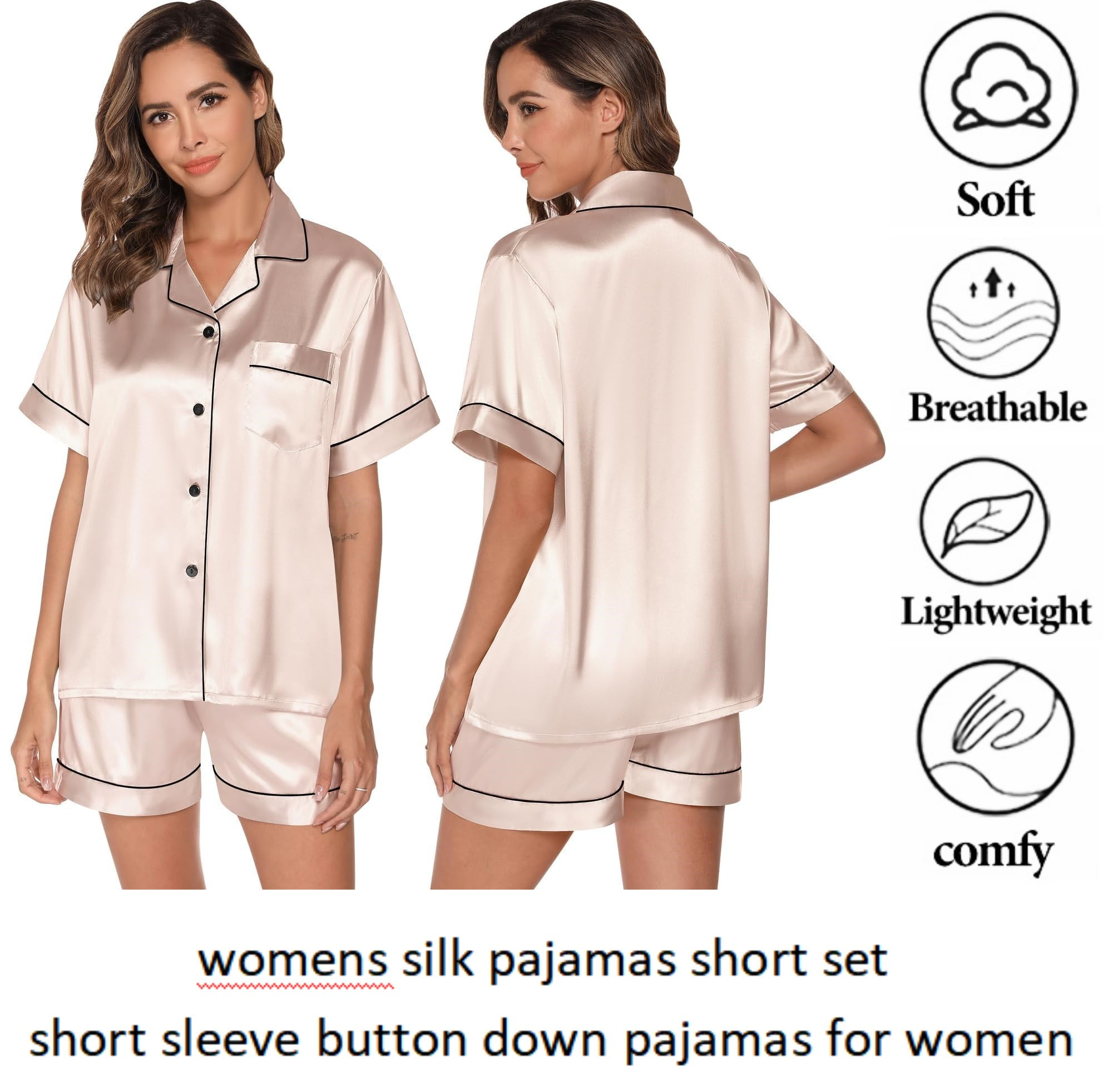 Womens Satin Pajama Sets Short Sleeve Silk Pajamas Sets for Women — free download