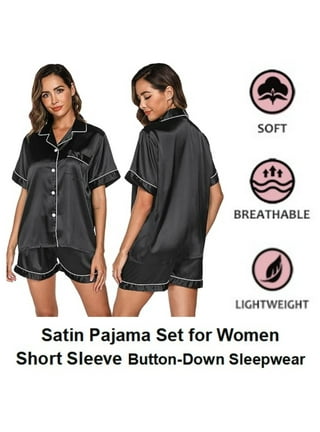 Buy Black Silk Pajamas Short Sleeve Button-Down Satin from Elowel