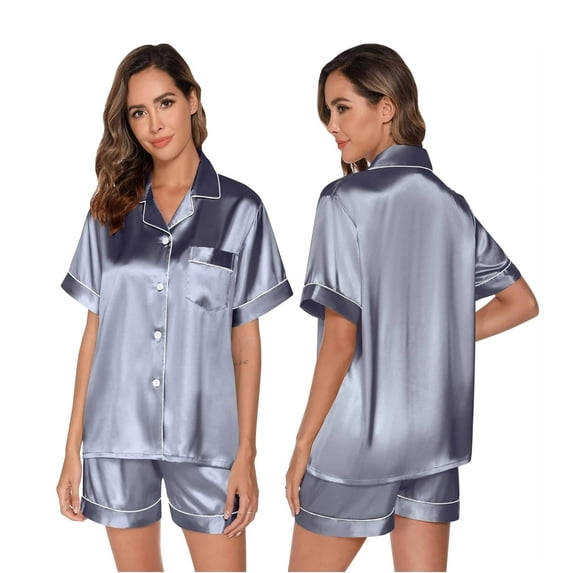Women's Short Sleeve Satin Pajama Set - Button Down Silk Sleepwear Valentine's Day Pajamas Gift for Her 2 Piece Outfit Loungewear Set,Sizes S-XXL