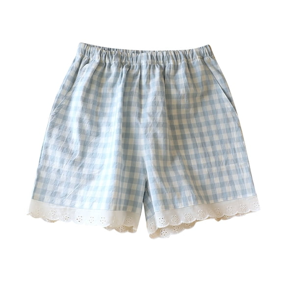 Womens Satin Pajama Shorts Women’s Home Shorts Lightweight Loose Lace Patchwork Plaid Shorts Casual Comfy Sleepwear Pajama Bottoms Blue M
