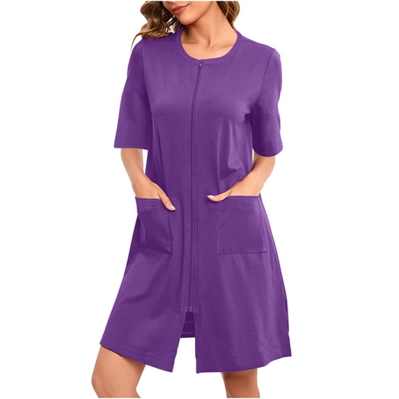 Womens Satin Pajama Skirt Womens Zip Front Robes Lightweight Short House Coat Zipper Nightgown with Pockets S-16 Purple XL