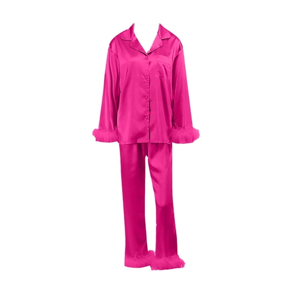 Womens Satin Pajamas Fuzzy Feather Trim Long Sleeve Button-Down Tops Pants 2 Piece Women Lounge Sets Fall Pajamas for Women