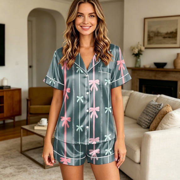 Womens Satin Pajamas Set Button Down 2 Piece Silk Pjs Shorts Set Bowknot Printed Notch Collar Sleepwear