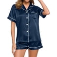 thumbnail image 1 of Womens Satin Pajamas Set Short Sleeve Button Shirt with Shorts Loungewear Two-Piece Sleepwear Outfits Navy M, 1 of 8