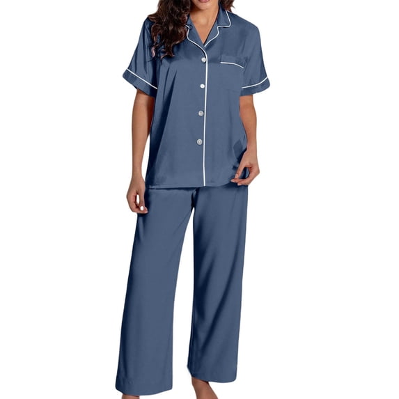 Womens Satin Pajamas Sets Ladies Pjs Sets Trendy 2 Piece Loose Lounge Wear Sleepwear Sets Solid Short Sleeve Button Tops with Pants Blue XXL