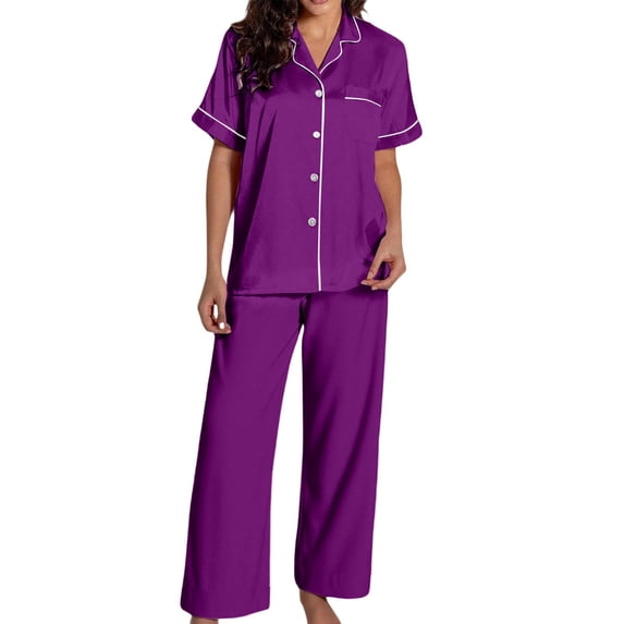 Womens Satin Pajamas Sets Ladies Pjs Sets Trendy 2 Piece Loose Lounge Wear Sleepwear Sets Solid Short Sleeve Button Tops with Pants Purple M