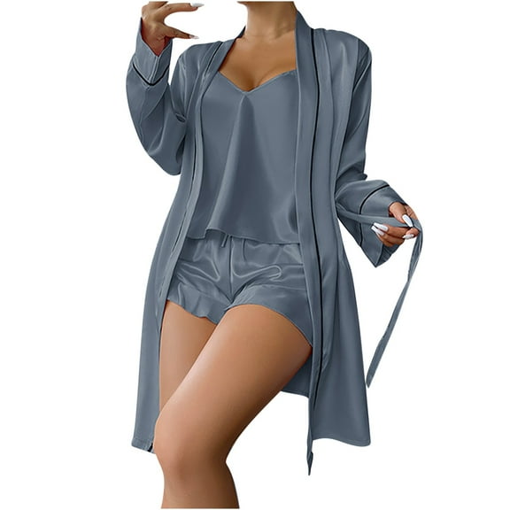 Womens Satin Pajamas with Silk Robe 3 Piece Sexy Pj Sleepwear Cami Tank and Shorts Set Lightweigh Loungewear