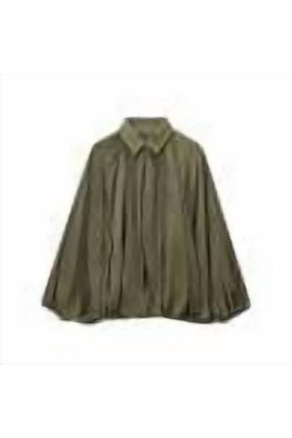 Womens Satin Puffed Bomber Jacket Oversized Batwing Sleeve Lapel Collar Pleated Zip Up Outerwear Shirts Army Green S