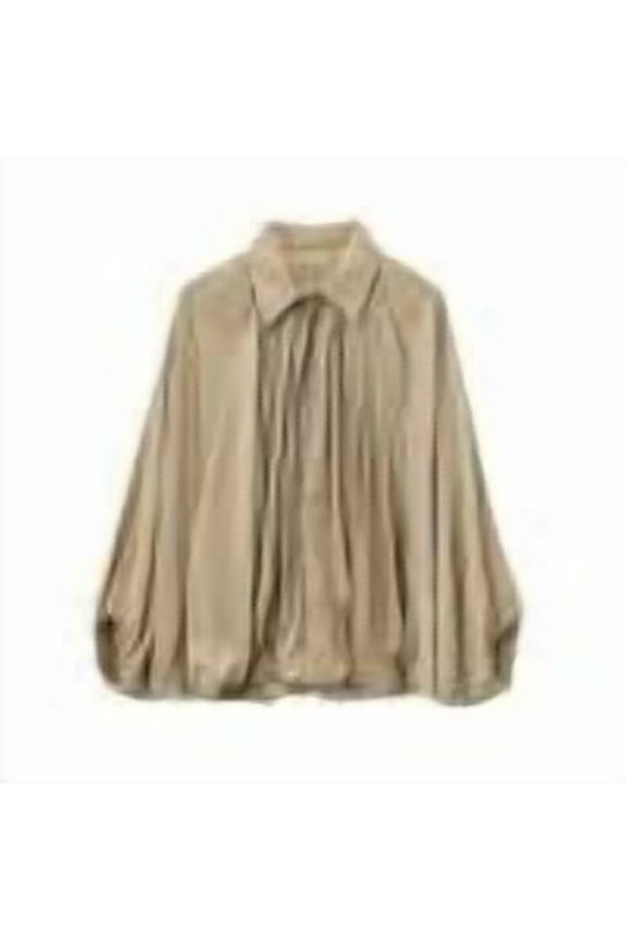 Womens Satin Puffed Bomber Jacket Oversized Batwing Sleeve Lapel Collar Pleated Zip Up Outerwear Shirts Khaki M