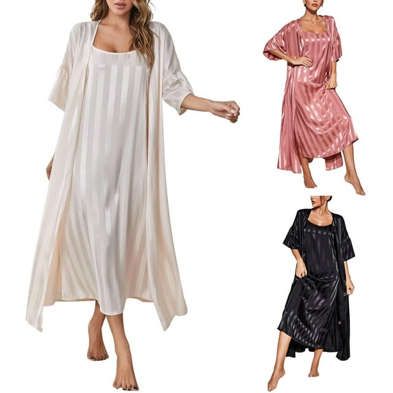 Womens Satin Robe Set 2 Piece Solid Striped Nightwear Comfortable Sleep Pajamas
