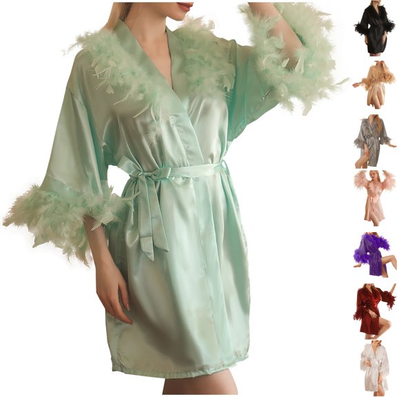 Womens Satin Robes Silky Bathrobe Elegant V Neck Fluffy Feather Trim Sleepwear Kimono Soft Fall Winter Bride Wedding Bridal Party Loungewear, Green, M