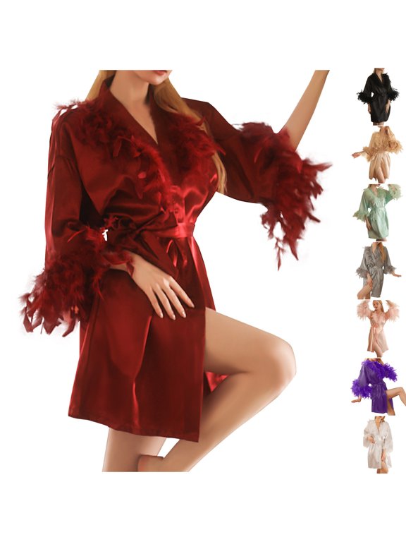 Womens Satin Robes Silky Bathrobe Elegant V Neck Fluffy Feather Trim Sleepwear Kimono Soft Fall Winter Bride Wedding Bridal Party Loungewear, Red, M
