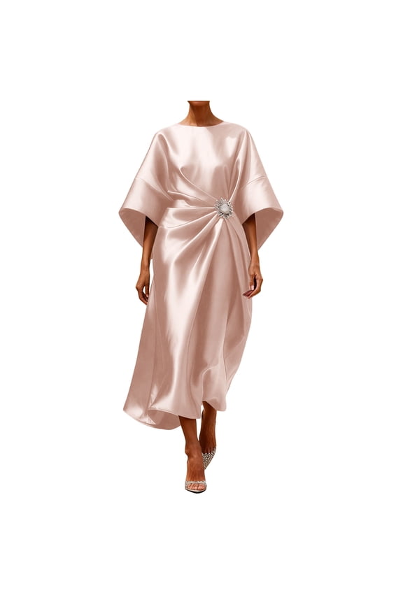 Womens Satin Ruched Pearl Flower Maxi Dress Half Sleeve Boat Neck A-Line Pleated Long Elegant Formal Evening Gowns