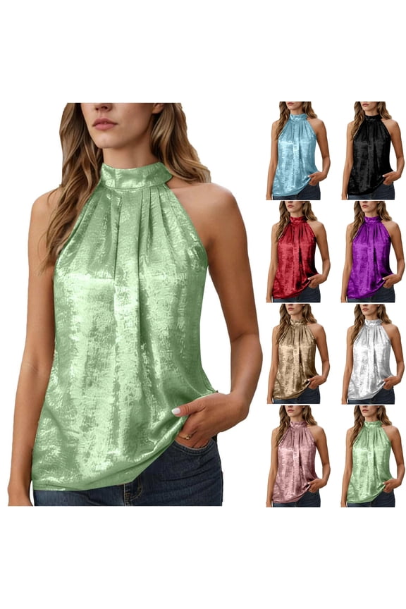 Womens Satin Shimmer Halter Sleeveless Tops Ruched Slim Fit Camisole Tank Tops Cocktail Party Clubwear, #02 Green L