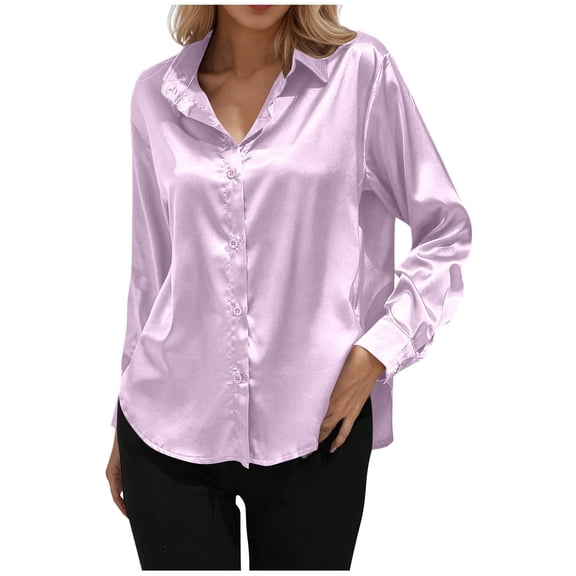 Womens Satin Shirts Button Down Dressy Shirt for Women Silky Solid lapel Long Sleeve Cardigans Work Blouses Tops Fall Fashion Clothing