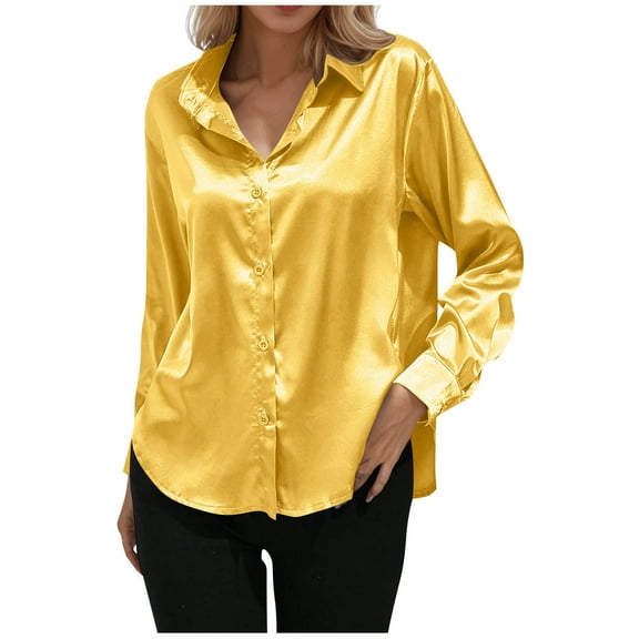 Womens Satin Shirts Button Down Dressy Shirt for Women Silky Solid lapel Long Sleeve Cardigans Work Blouses Tops Fall Fashion Clothing