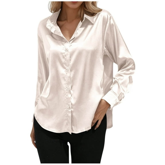 Womens Satin Shirts Button Down Dressy Shirt for Women Silky Solid lapel Long Sleeve Cardigans Work Blouses Tops Fall Fashion Clothing