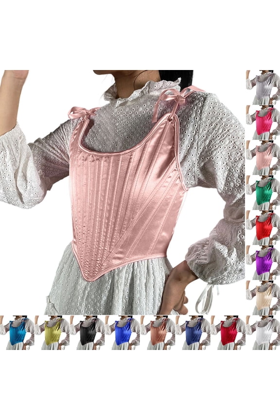 Womens Satin Shoulder Strap Corset Top Boned Short Bustier Back Lace-Up Fashion Elegant Shapewear Purple M