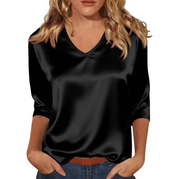 Womens Satin Silk 3/4 Length Sleeve Tunic Tops Trendy Silky Round Neck Business Casual Shirt Dressy Blouses, Black S