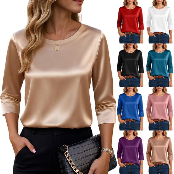 Womens Satin Silk 3/4 Length Sleeve Tunic Tops Trendy Silky Round Neck Business Casual Shirt Dressy Blouses Pink L