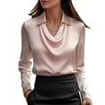 thumbnail image 1 of Womens Satin Silk Blouse Shirt Top Elegant Cowl Neck Long Sleeve Tops Dressy Business Casual Office Work Shirts Pink L, 1 of 5