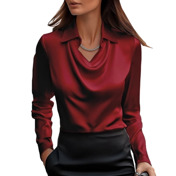 Womens Satin Silk Blouse Shirt Top Elegant Cowl Neck Long Sleeve Tops Dressy Business Casual Office Work Shirts Red M