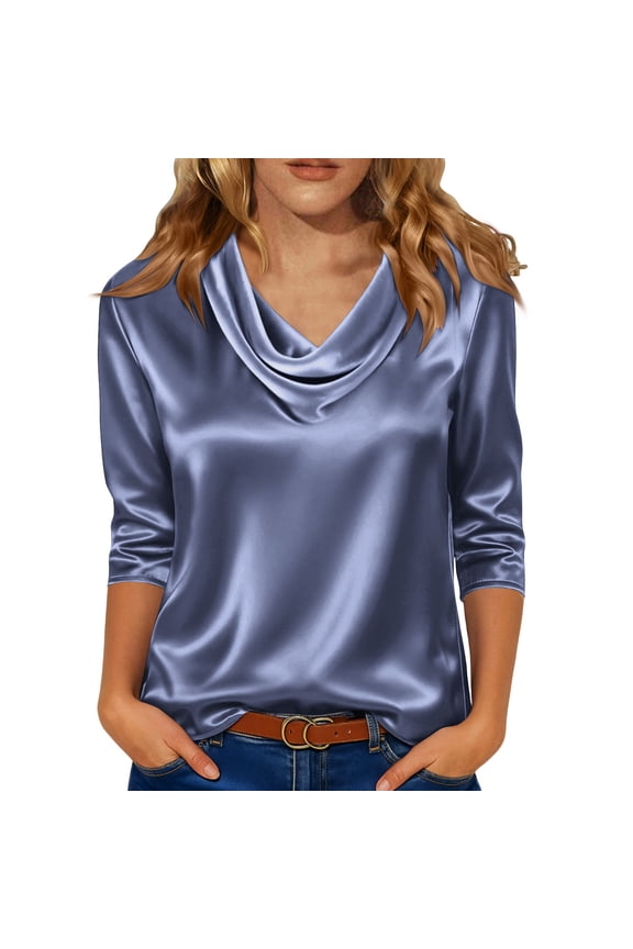 Womens Satin Silk Blouses Cowl Neck Ruched Front Draped 3/4 Sleeve Loose Fit Business Work Office Dressy Spring Summer Tops,Navy,S