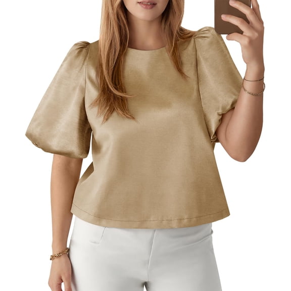 Womens Satin Silk Blouses Puff Short Sleeve Dressy Casual Tops Loose Fit Crew Neck Cropped Shirts Khaki XL