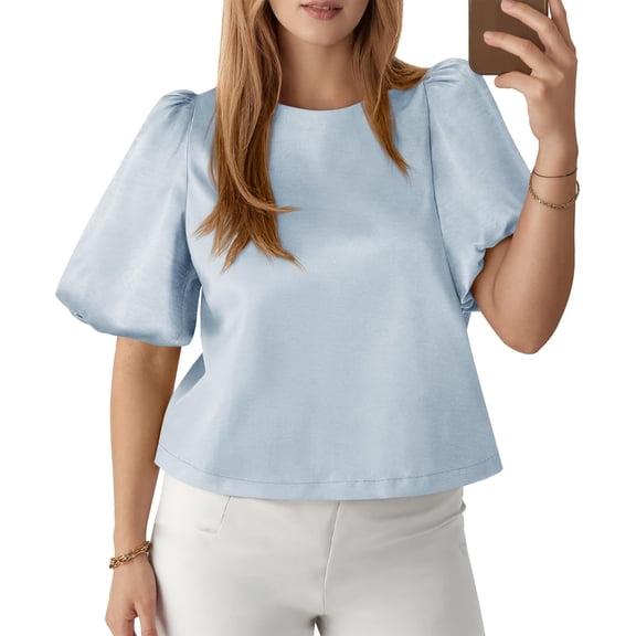 Womens Satin Silk Blouses Puff Short Sleeve Dressy Casual Tops Loose Fit Crew Neck Cropped Shirts Light Blue XL
