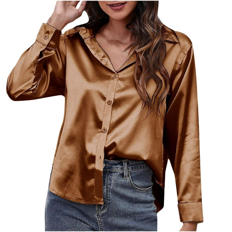 Womens Satin Silk Button Down Blouses Spring Fall V Neck Long Sleeve Tops  Loose Casual Business Work Office Shirts