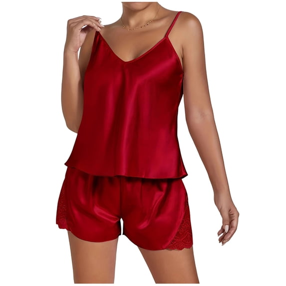 Womens Satin Silk Cami Pajama Set Loose V Neck Sleepwear Lace Trim Shorts Pjs Set Nightwear