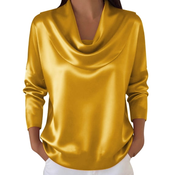 Womens Satin Silk Cowl Neck Shirts Long Sleeve Casual Elegant Dress Shirt Pleated Lightweight Loose Blouse Work Business Solid Color Tops