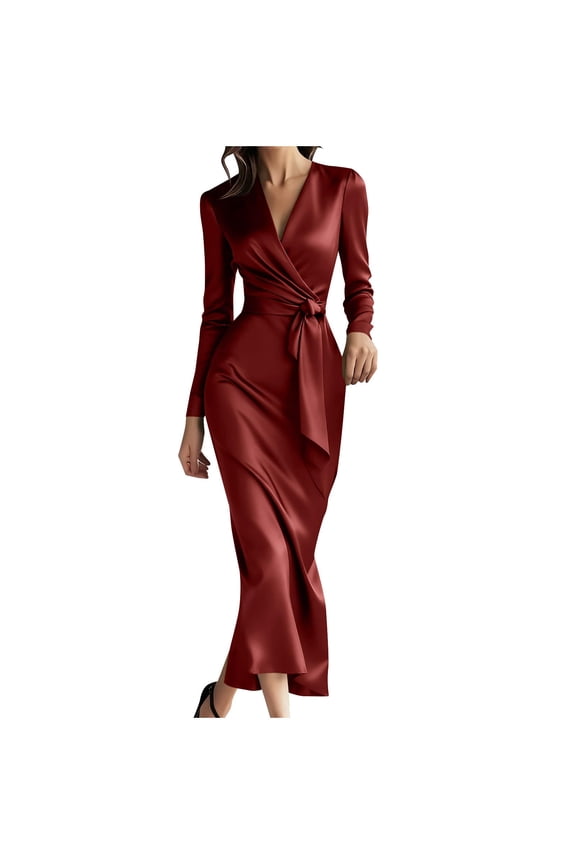 Womens Satin Silk Dress - Long Sleeve V Neck Tie Waist Elegant Formal Cocktail Wedding Guest Bodycon Midi Dress