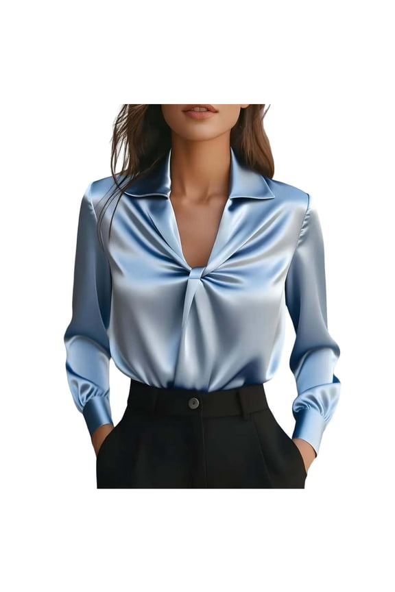 Womens Satin Silk Dress Shirt Long Sleeve Lapel V Neck Twist Knot Work Blouses Dressy Business Work Office Tops