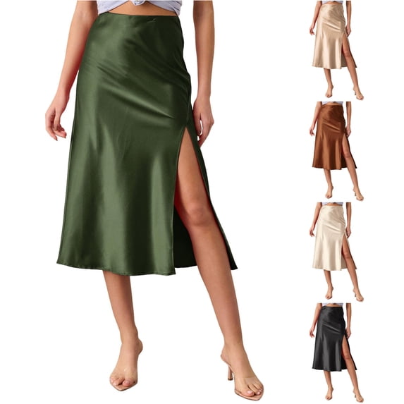 Womens Satin Silk High Waist Slit Midi Skirt Elastic Waistband Midi Skirts for Women Adult Skirts for Women plus Size M