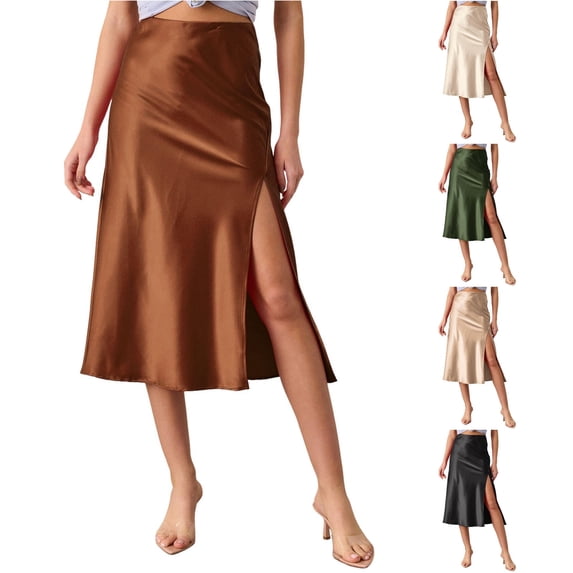 Womens Satin Silk High Waist Slit Midi Skirt Elastic Waistband Midi Skirts for Women Adult Skirts for Women plus Size XL