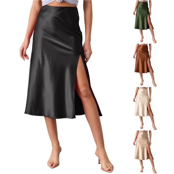 Womens Satin Silk High Waist Slit Midi Skirt Elastic Waistband Midi Skirts for Women Adult Skirts for Women plus Size XL