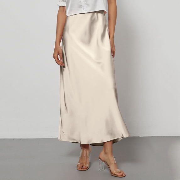 Womens Satin Silk Maxi Skirts Summer Clothes 2026 A Line Hidden Elastic Casual Elegant Long Skirt for Women Beige L