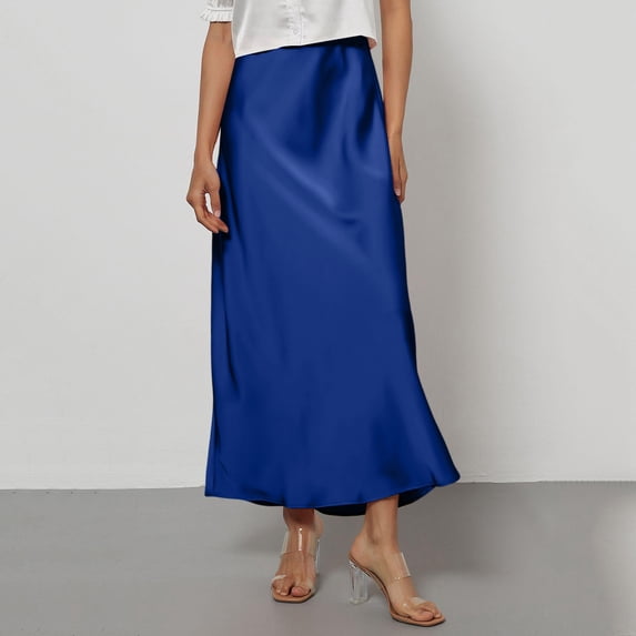 Womens Satin Silk Maxi Skirts Summer Clothes 2026 A Line Hidden Elastic Casual Elegant Long Skirt for Women Royal Blue L