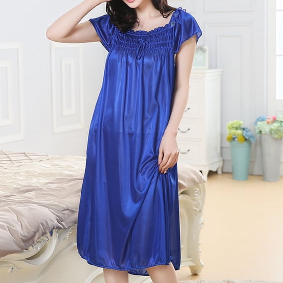 Womens Satin Silk Nightgown V Neck Sleepshirt Short Sleeve Nightshirt Plain Pajama Dress Blue Free Size
