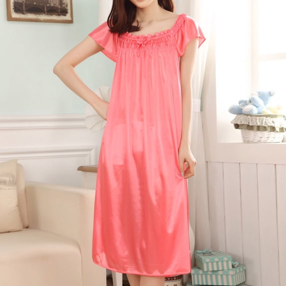Womens Satin Silk Nightgown V Neck Sleepshirt Short Sleeve Nightshirt Plain Pajama Dress Watermelon Red Free Size